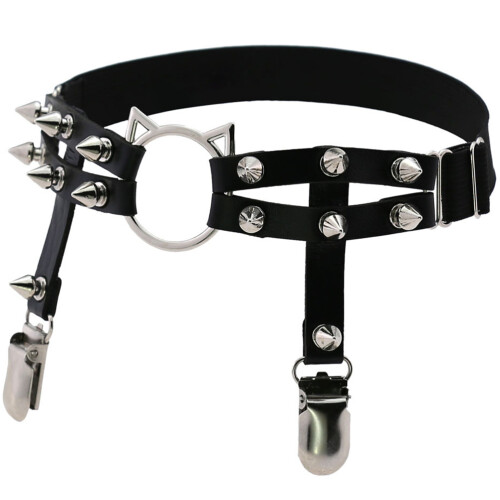 2Pcs Durable Black Leather Punk Leg Garters with Cat Ring Accent 1