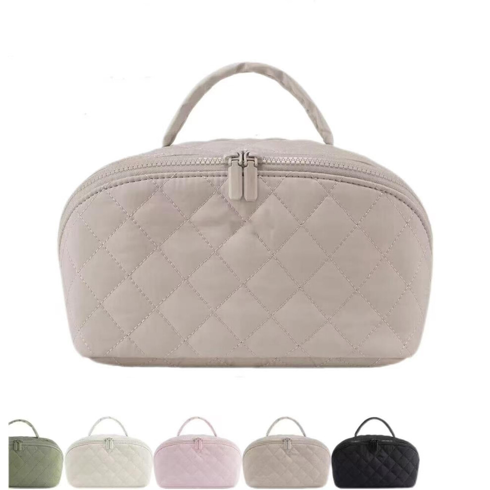 Large Capacity Waterproof Makeup Bag with Compartments, Wide Open Flat Lay Travel Cosmetic Organizer Beige