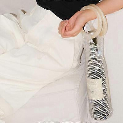 (White Handle) Stylish Resin Handle Wine Pouch Mesh And Embedded Rhinestones Bottle Versatile 1