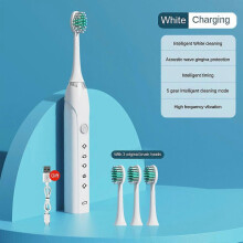 (3 heads, white) 5 Modes Electric Sonic Toothbrush with 6 Heads Rechargeable USB Kids & Adults