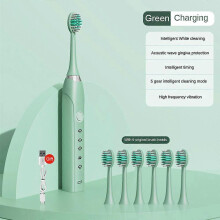 (6 heads, green) 5 Modes Electric Sonic Toothbrush with 6 Heads Rechargeable USB Kids & Adults