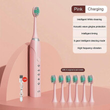 (6 heads, pink) 5 Modes Electric Sonic Toothbrush with 6 Heads Rechargeable USB Kids & Adults