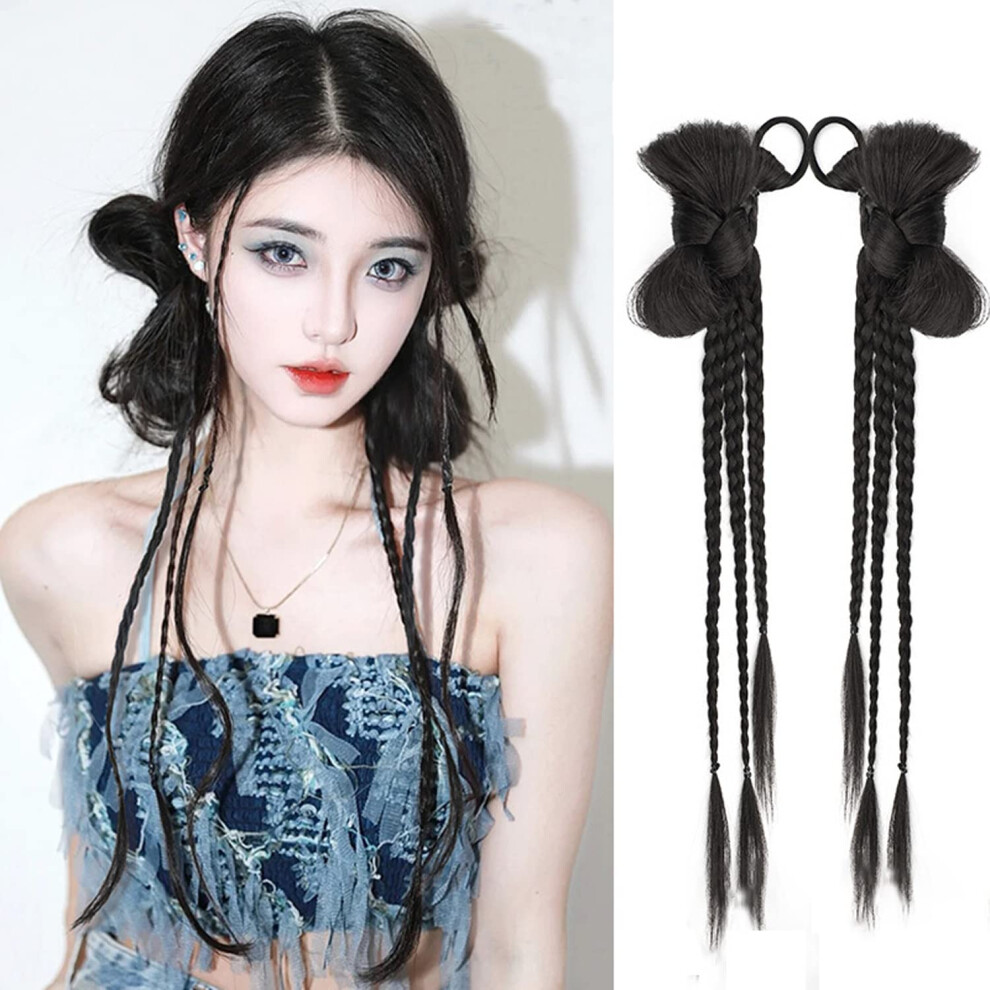 Unisex Braided Ponytail Hair Extension With Double Ponytail Wig, Matte Tangle Synthetic Hairpiece