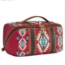 (red) Boho Western Style Makeup Bag, PU Casual Colorblock Makeup Organizer Pouch