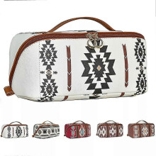(Light coffee) Boho Western Style Makeup Bag, PU Casual Colorblock Makeup Organizer Pouch