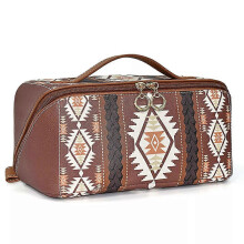 (Coffee) Boho Western Style Makeup Bag, PU Casual Colorblock Makeup Organizer Pouch