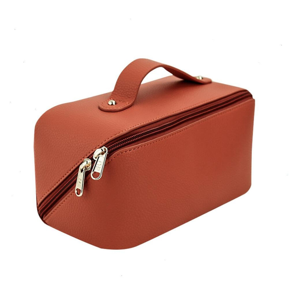 Orange Large Capacity Waterproof Pu Leather Makeup Bag For Women, Wide Opening Travel Cosmetic Organizer,