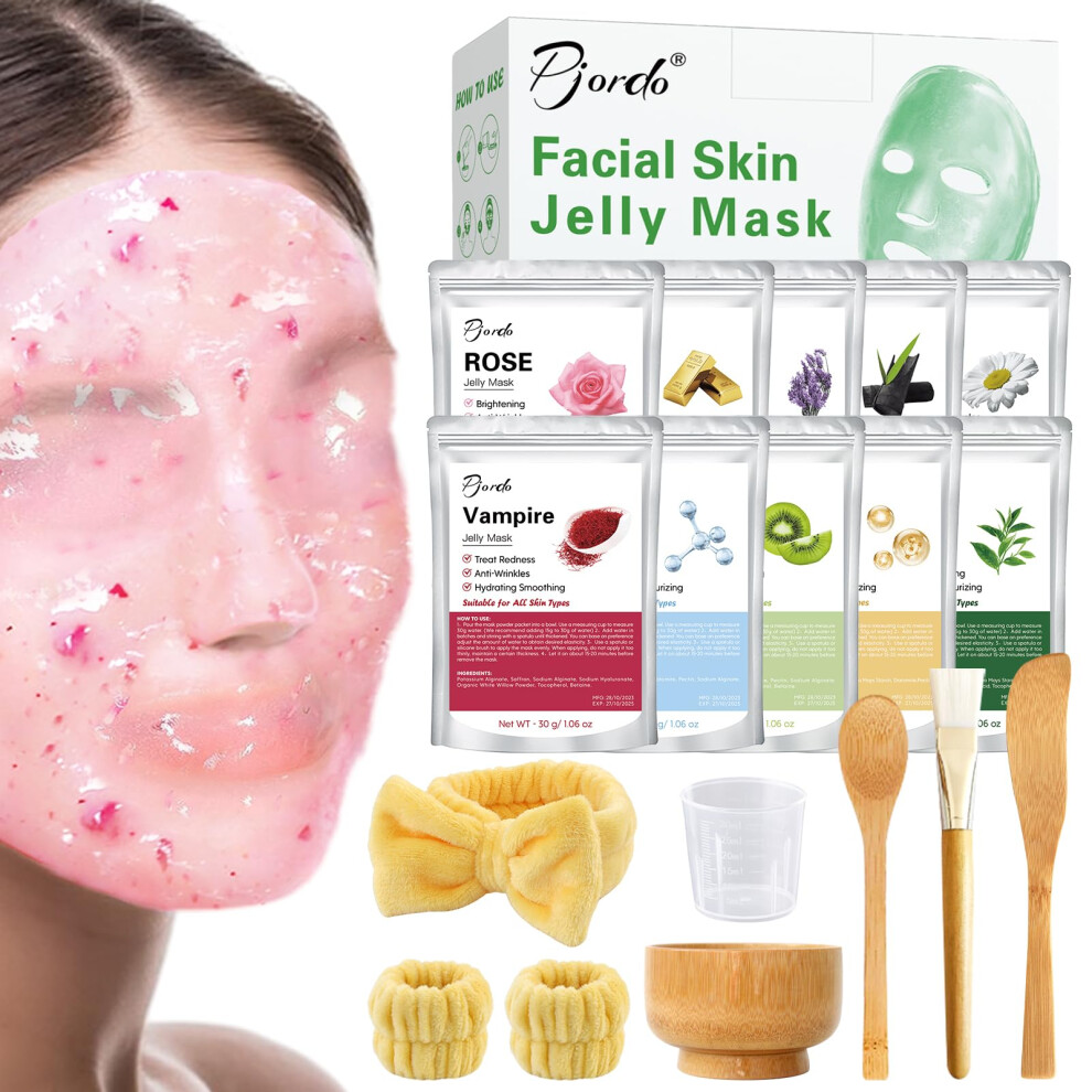 Jelly Face Mask Set with Mixing Bowl, Hydrating Peel Off Facial Masks, 10 Vegan Flavors for Spa