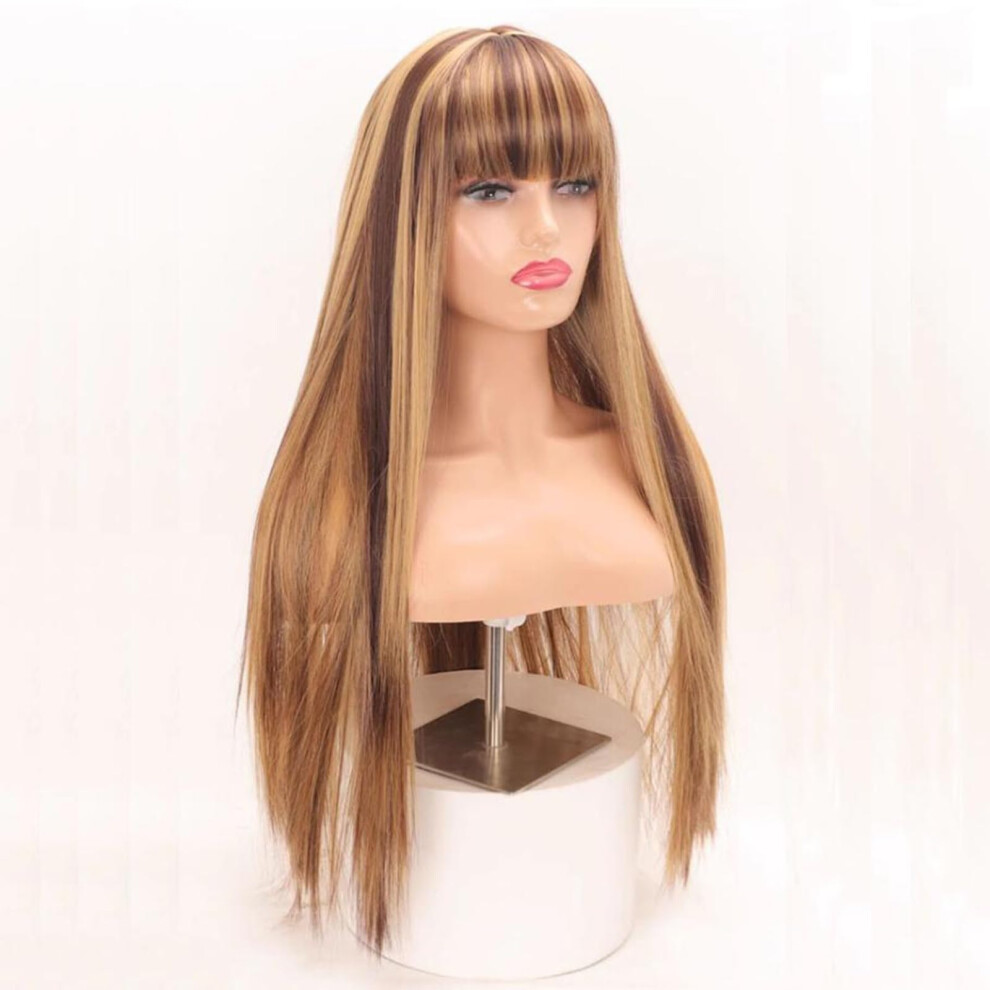 Unisex Brown Wig With Bangs Long Wavy Synthetic Hair Highlight For Women Realistic Scalp Design