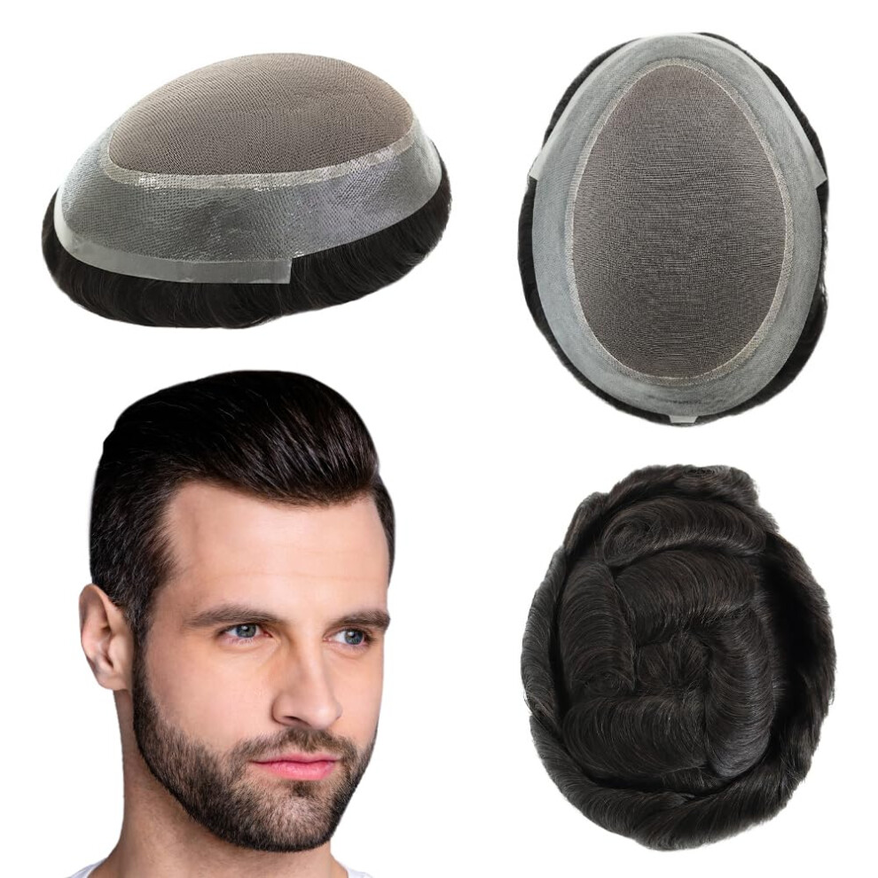 Unisex Black Mens Hairpiece 8X10 Mono Base #1B Human Hair Toupee For Men Natural Hairline Durable Wear