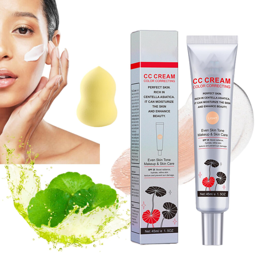 Cream/Light Hydrating Cc Foundation With Spf 25, Color Correcting Coverage, Centella, 45Ml + Sponge