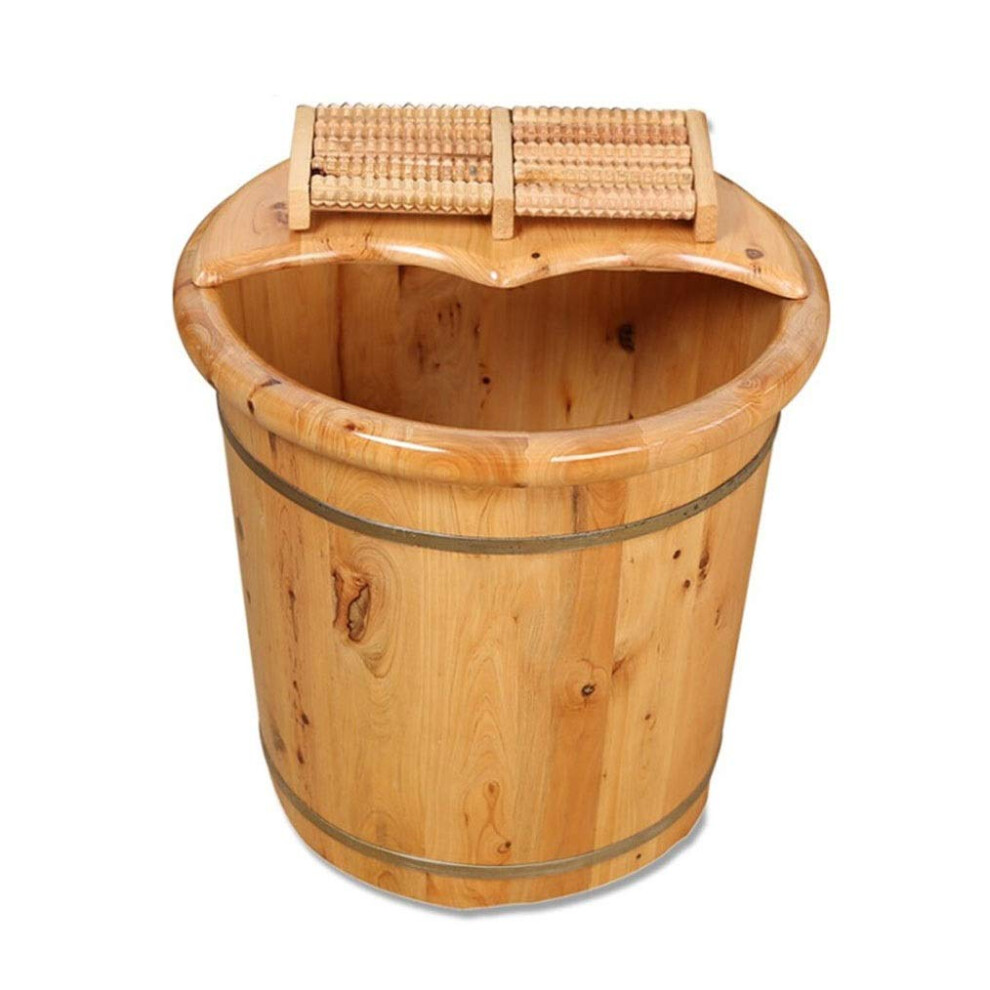 Brown Wooden Foot Spa Tub With Cover, Deep Soak Cypress Basin With Builtin Massager,