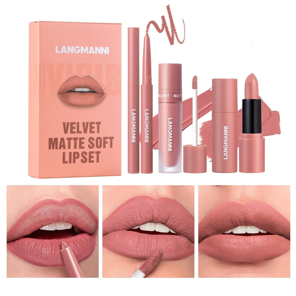 Matte Velvet Lipstick Set with Lip Liner and Gloss, Waterproof Longlasting Nude Travel Kit