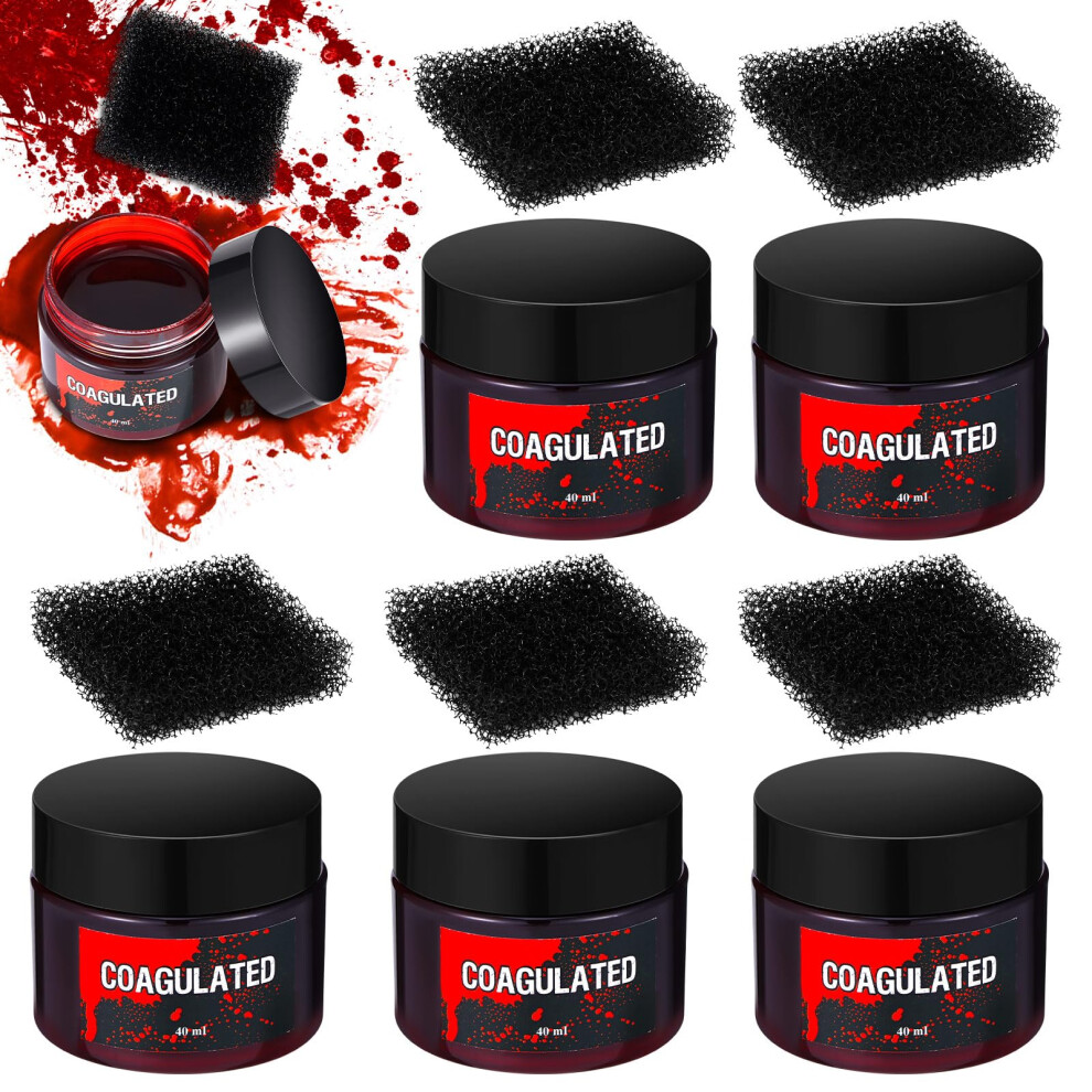 6 PCS Halloween Coagulated Fake Blood Makeup Kit with Sponge Applicator, Washable Realistic Gore Effects for Zombie Vampire Costume