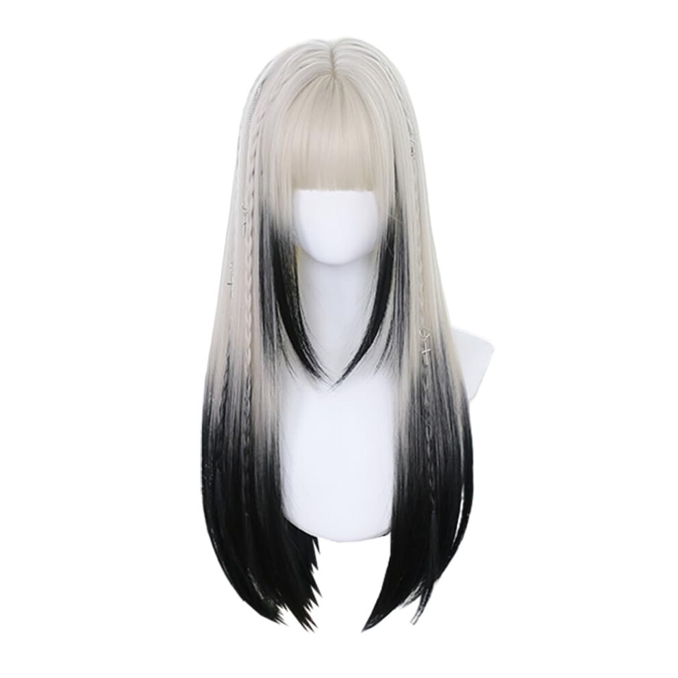 Long Straight Heat Resistant Synthetic Wig for Women Ombre Highlight Beige Gradient Black