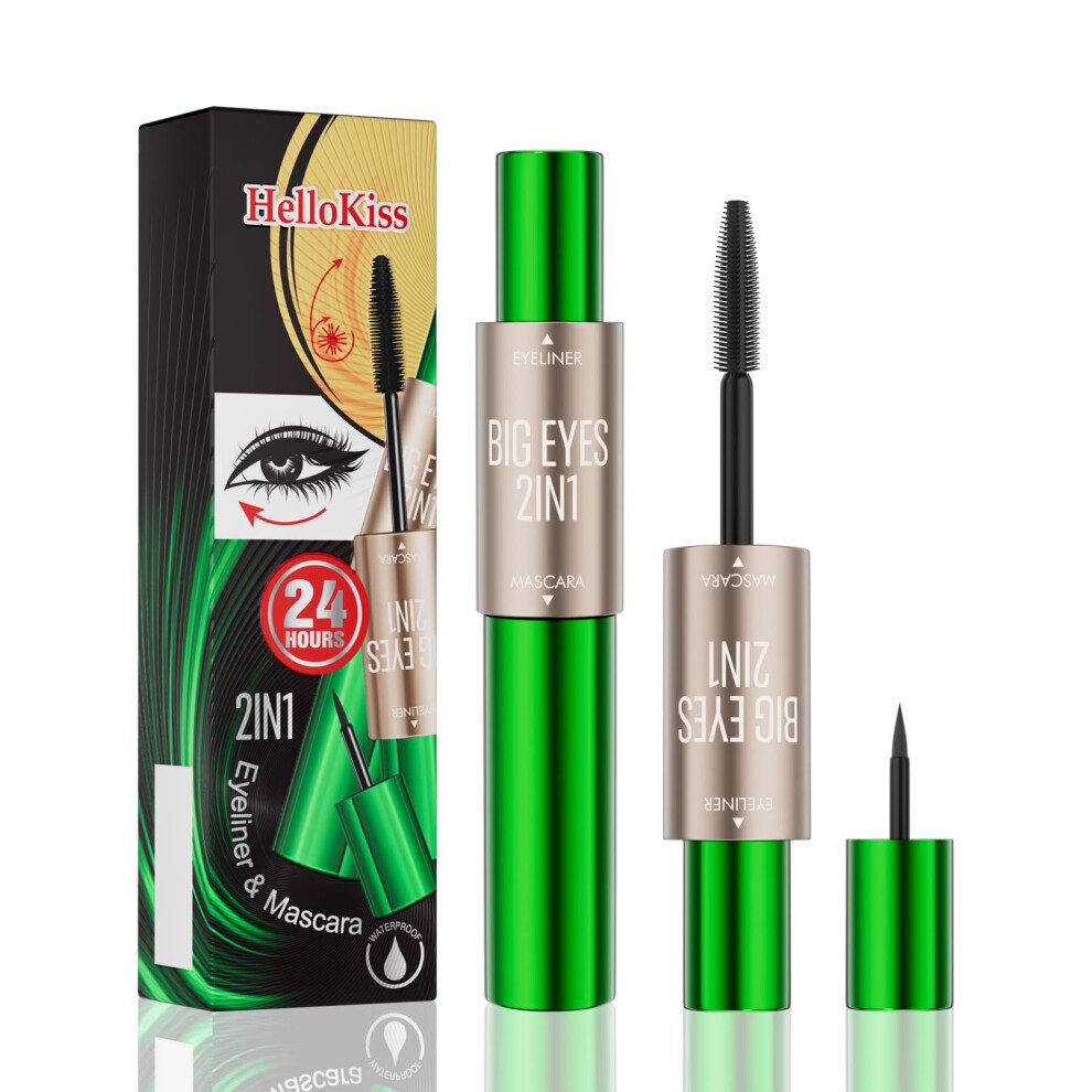 2in1 Mascara and Eyeliner Set Waterproof Volumizing Lash Effect Precise Tip Black Duo