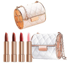 Matte Lipstick Set 4 Colors Velvet Finish with Long Lasting Wear and Elegant Leather Chain Pouch