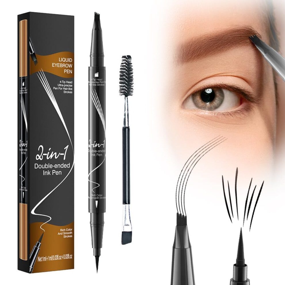 Black Upgraded Microblading Eyebrow Pen Waterproof Longlasting 4 Fork Tip 2In1 Brow And Eyeliner For Natural Definition