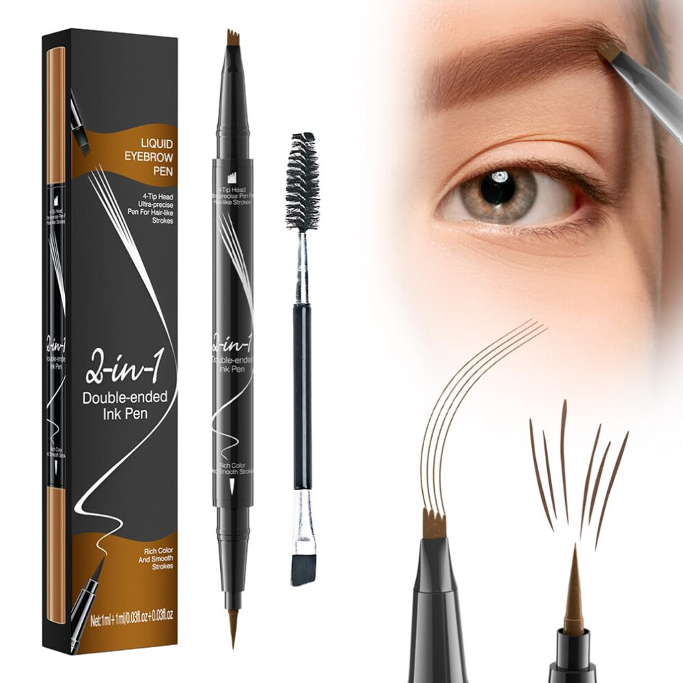 Brown Waterproof Microblading Eyebrow Pen Light 4 Fork Tip 2In1 Brow Eyeliner Long Lasting