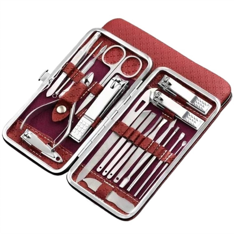 Red Nail Clipper Set 18Piece Stainless Steel Manicure Pedicure Kit With Leather Grip Case (Red)