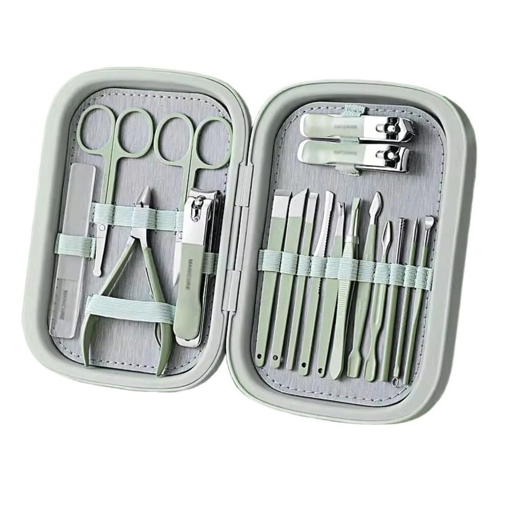 Green Manicure Set 18Piece Stainless Steel Nail Clipper Kit With Travel Case For Nail Care Â
