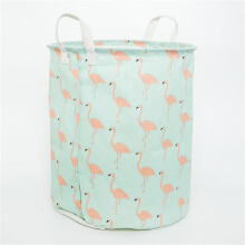 Collapsible Laundry Hamper with Lid Cotton Fabric Basket with Handles for Clothes Toys 43x33cm Green Flamingo