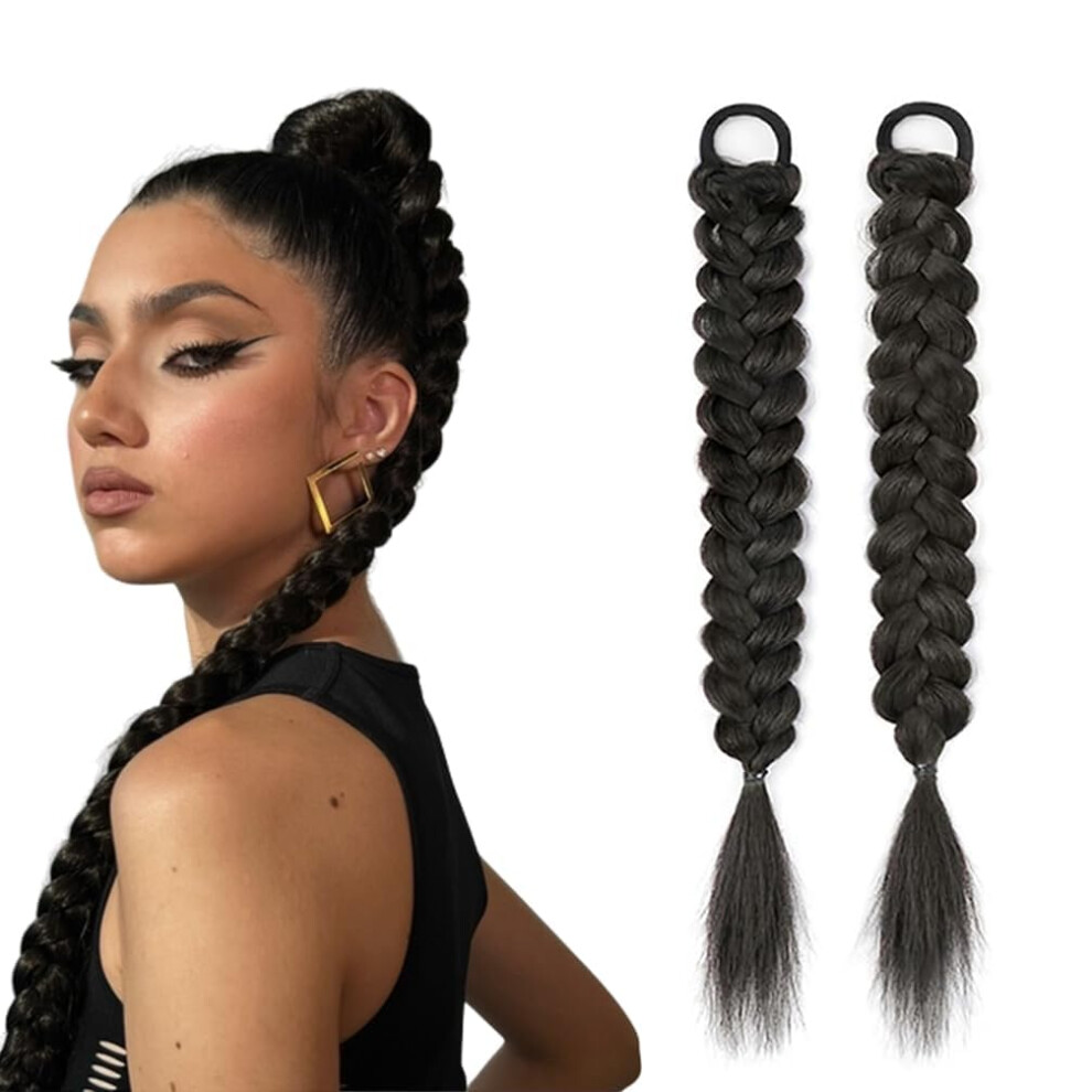 Unisex Black 2Pcs Braided Ponytail Extensions Synthetic Hair Clipin For Women Instant Length And Volume