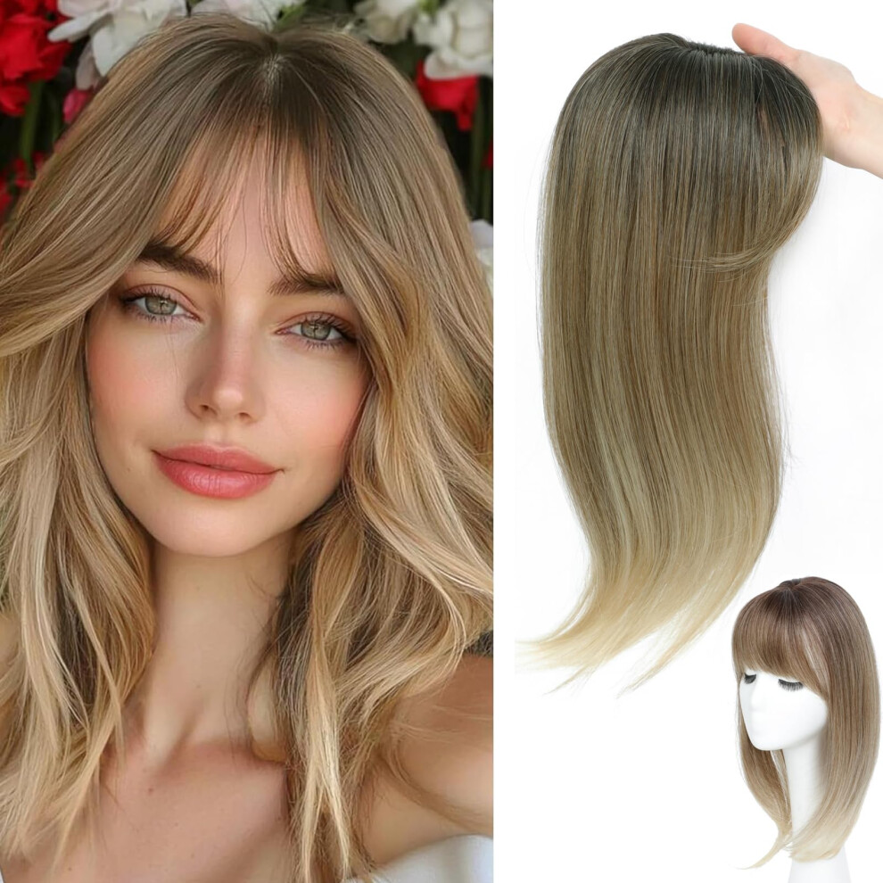 Hair Topper for Women 18 Inch Ombre Light Brown to Blonde Clip In with 360 Full Coverage Bangs