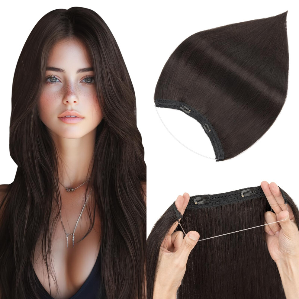 Unisex Black 22 Inch Natural Halo Hair Extensions Real Remy Human Hair With Wire And Clips For Instant Volume