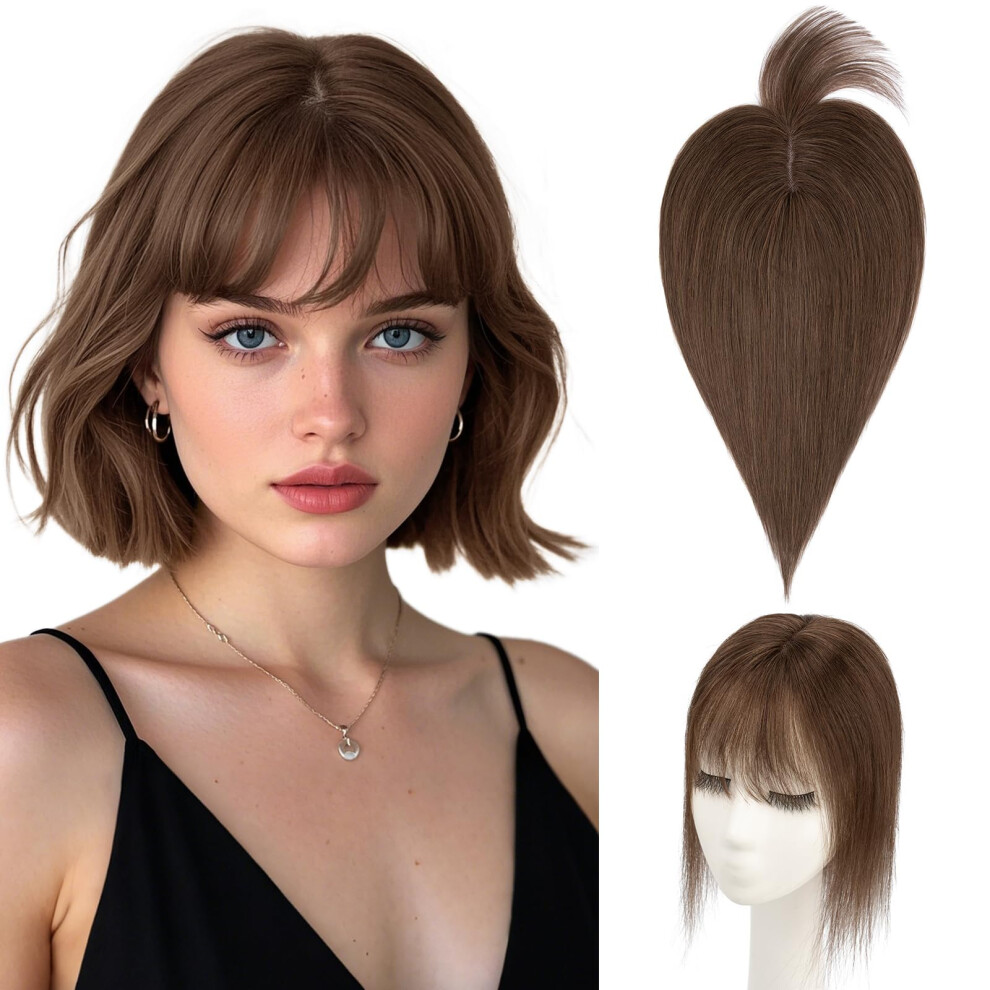 Human Hair Topper with Wispy Bangs, 14 Inch Dark Brown Clip In Hairpiece for Thinning Hair