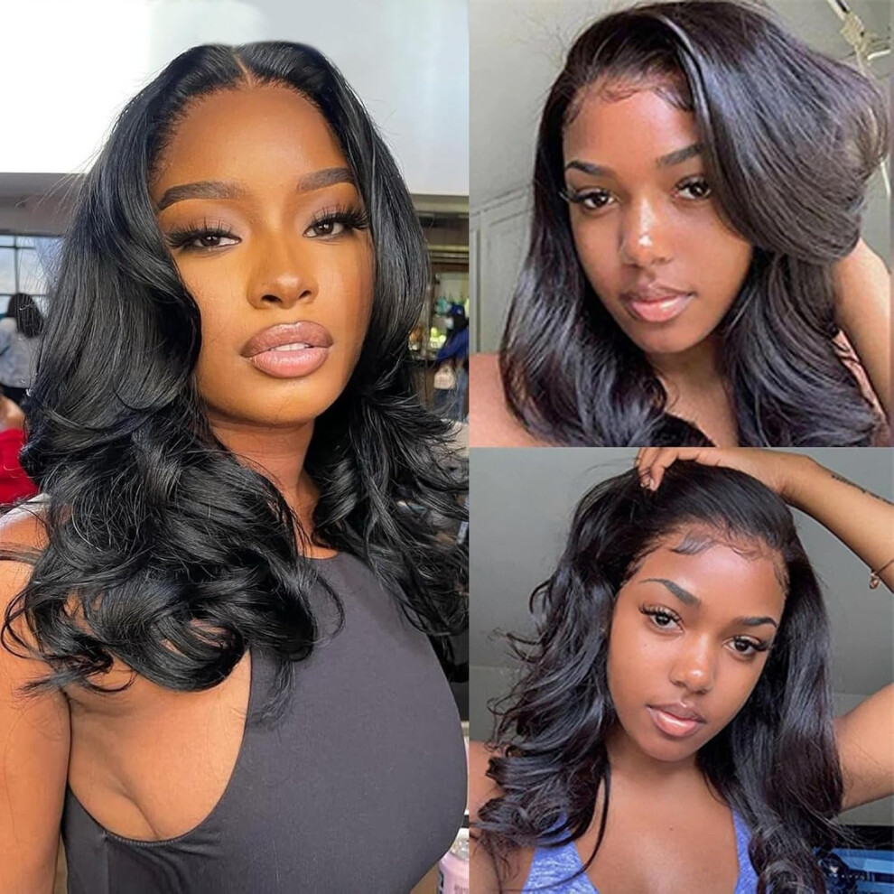 Unisex Black 16 Inch Human Hair Lace Front Bob Wig 13X6 Hd Frontal Preplucked Body Wave Natural