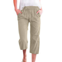 Women's Linen Blend 7/8 Casual Trousers with Pockets Loose Fit Khaki Heated Pants XXL
