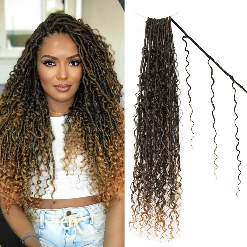 Unisex Black 24 Inch T27 Boho Goddess Locs Crochet Hair Extensions With Curly Ends, Prelooped For Women
