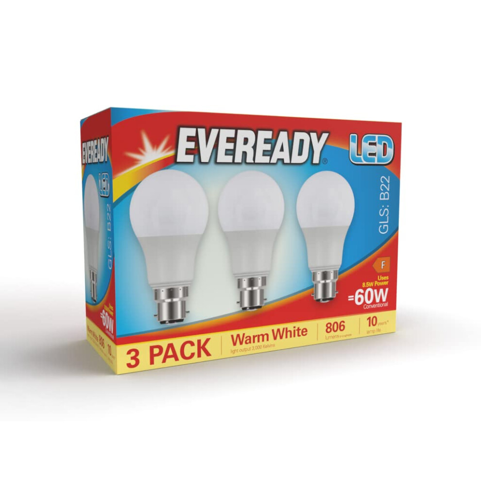 Eveready Bayonet Bulb 60W, B22 Led Bulbs Warm 2700K, Led Bc Energy Saver Bulb, 806 Lumen, Non-Dimmable, 3-Pack Light/White