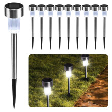CUQOO Solar Garden Stake Lights - White 10 LED Waterproof Stainless Steel Pathway Lights, Rechargeable Outdoor Solar Light for Garden, Patios & Walkw