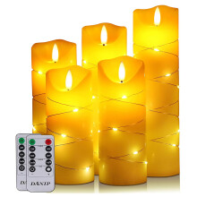 LED Candle, with Embedded Fairy String Lights,5-Piece LED Candle, with 10-Key Remote Control, 24-Hour Timer Function, Dancing Flame, Real Wax, Batter