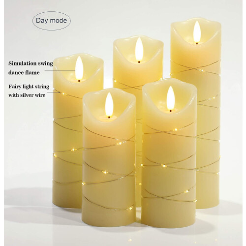LED Candle, with Embedded Fairy String Lights,5-Piece LED Candle, with 10-Key Remote Control, 24-Hour Timer Function, Dancing Flame, Real Wax, Batter 1