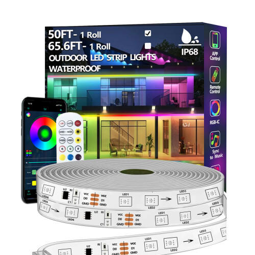 httpsmp 15m Outdoor LED Strip Lights Waterproof,IP68 Outside RGB+IC Light Strip with App/Remote Control,Chase Mode,Music Sync Rope Light for Balcony,