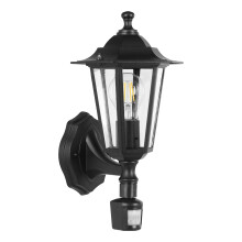 EGLO Outdoor Wall Lamp Laterna 4, 1 Bulb Exterior Wall Lighting, 6 Panel Lantern incl. Motion Detector, made of Cast aluminium and Glass, Colour: Bla