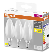 OSRAM Star Filament Lamp, E14-base matt Glass,Warm White (2700K), 806 Lumen, 60W-Replacement, Non-dimmable, 3-Pack
