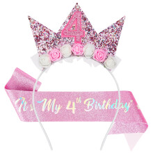 AOOTE Birthday Sash and Tiara, 4th Happy Birthday Decorations Headbands, Princess Crown Hats Girl, Princess Party Glitter Hair Band Decorations Gifts