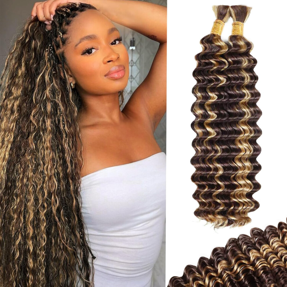 30 Inch Honey Blonde Deep Wave Human Braiding Hair Extensions, Wet and Wavy No Weft, 2 Bundles