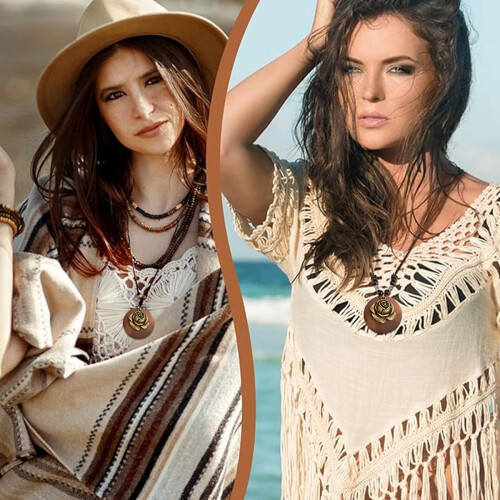 Κολιέ Boho από ύφασμα για γυναίκες, μενταγιόν σε έθνικ στιλ με αλυσίδα από κράμα 2