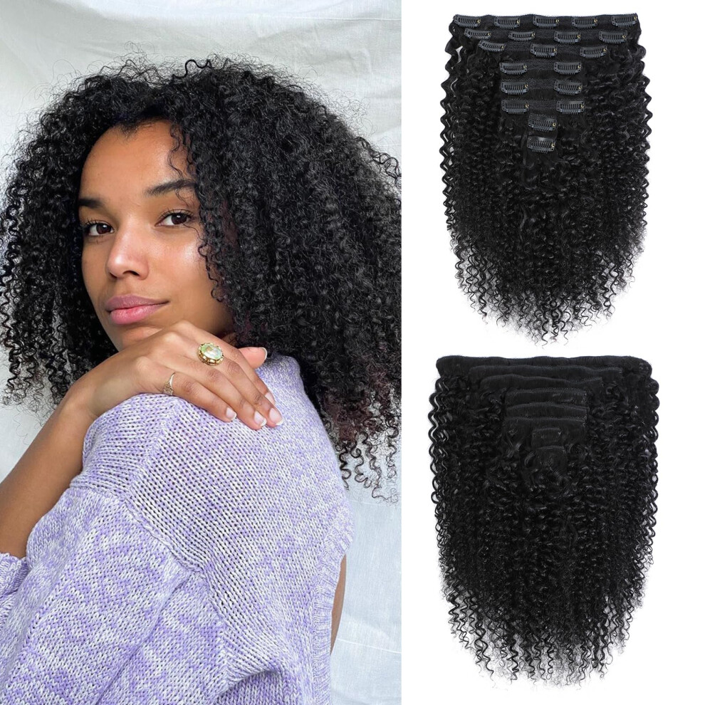 Kinky Curly Clip In Hair Extensions 16 Inch Natural Black Brazilian Virgin Human Hair 3C 4A Set