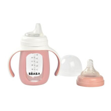 BEABA, bottiglia didattica in vetro 2 in 1 210 ml + cover in silicone - rosa antico