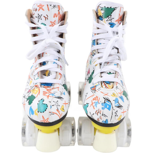 White Graffiti Quad Roller Skates Size 38 with  Support and Durable Wheels for Indoor Use 1