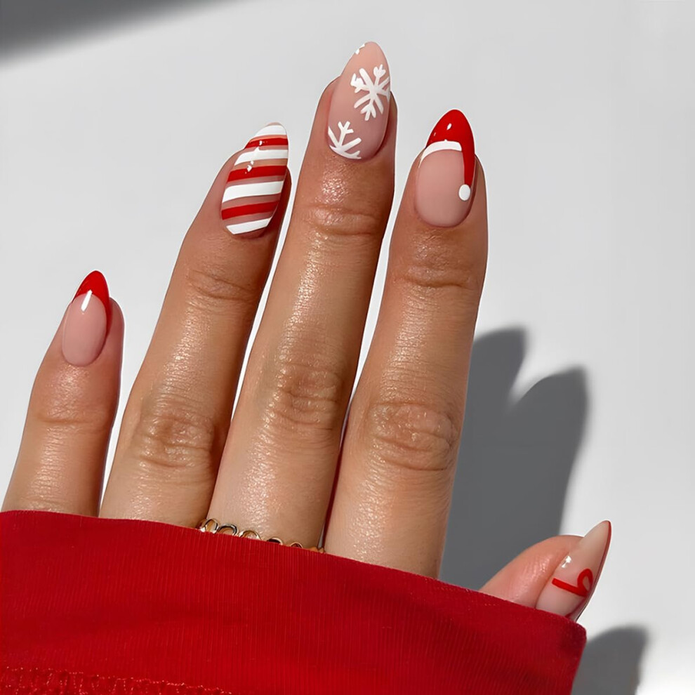 White,Red Christmas Almond Press On Nails 24Pcs Red White Snowflake Acrylic False Nails For Holiday