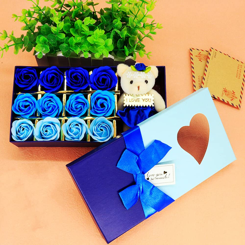 Blue Soap Flower Bouquet Luxury Gift Box With 12 Artificial Roses For Mom Birthday Mother's Day