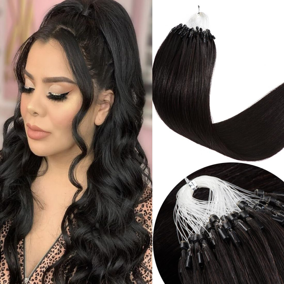 Unisex Black 16 Inch Natural Human Hair Micro Ring Extensions 50G Pack, Real Remy 0.5G Strand