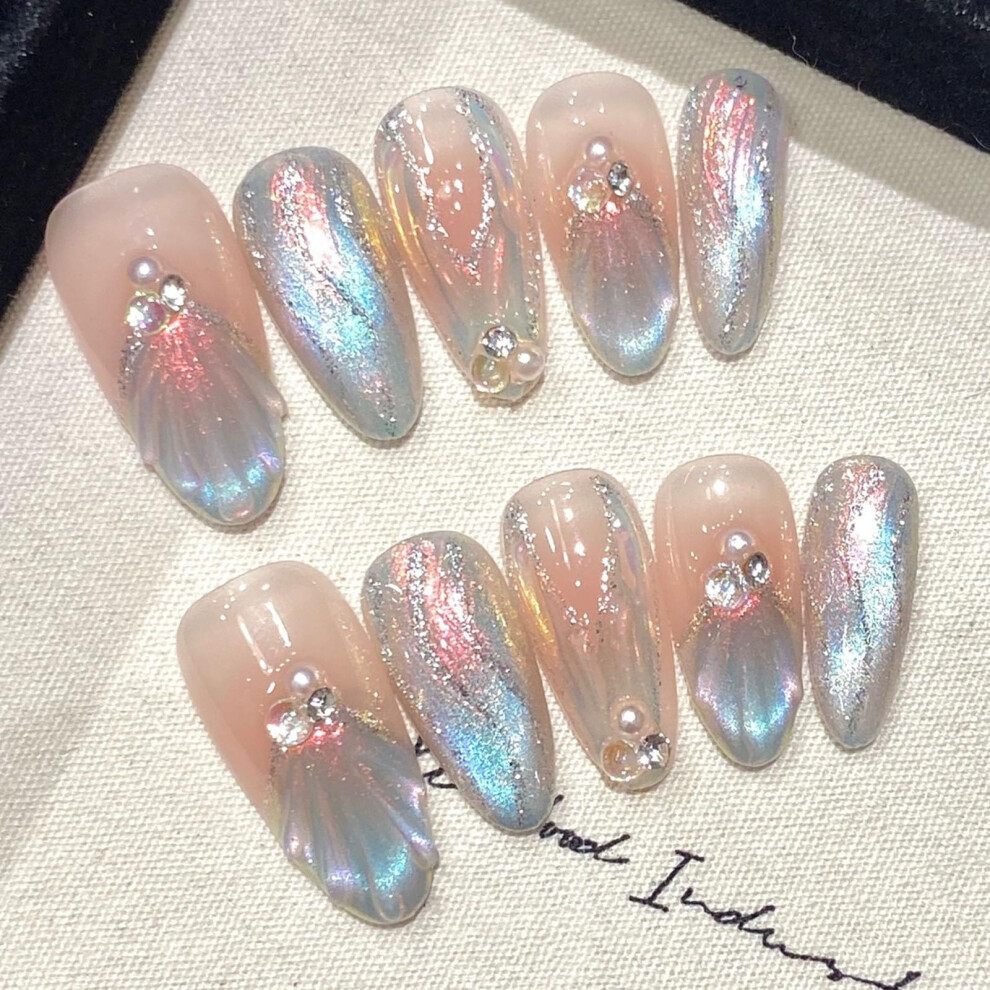 Reusable Press On Nails with Glue, Long Fishtail Aurora Cat Eye Fake Nails for Women, Large Set